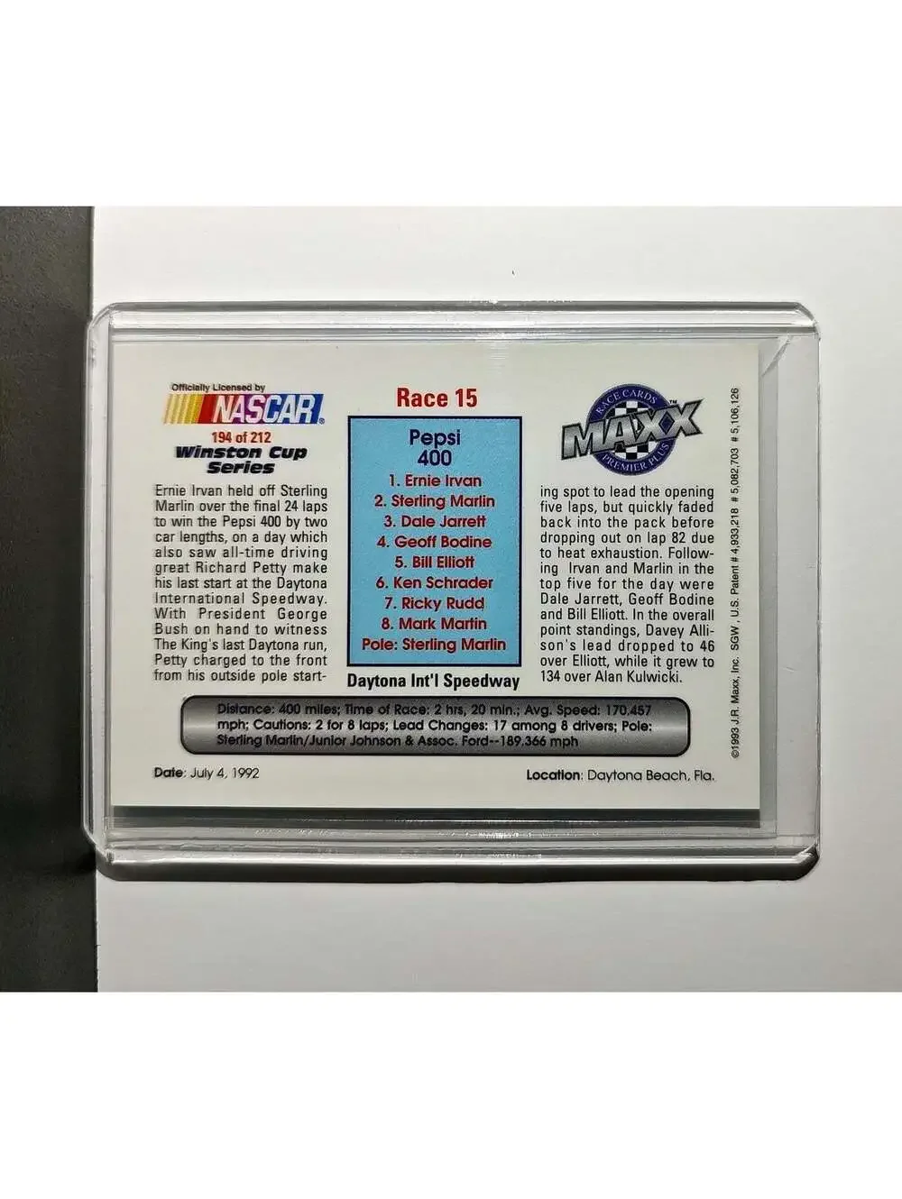 Race 15 Daytona YR 1993 Maxx Premier Plus Racing #194 NASCAR Card Morgan-McClure